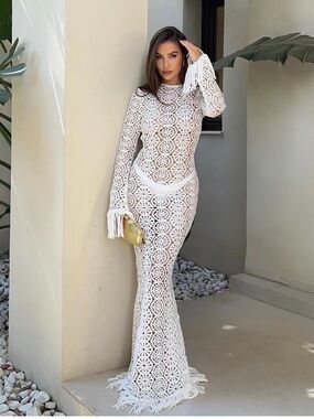 NEW W TAGS Noughts & Kisses DELILAH White Crochet Long Sleeve Maxi Fringe Dress